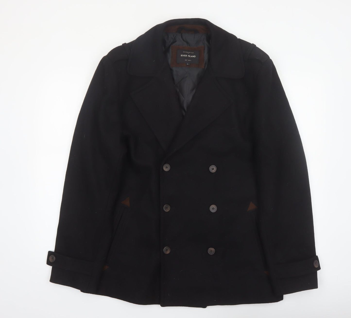 River Island Men's Black Wool Pea Coat L Classic Winter Jacket