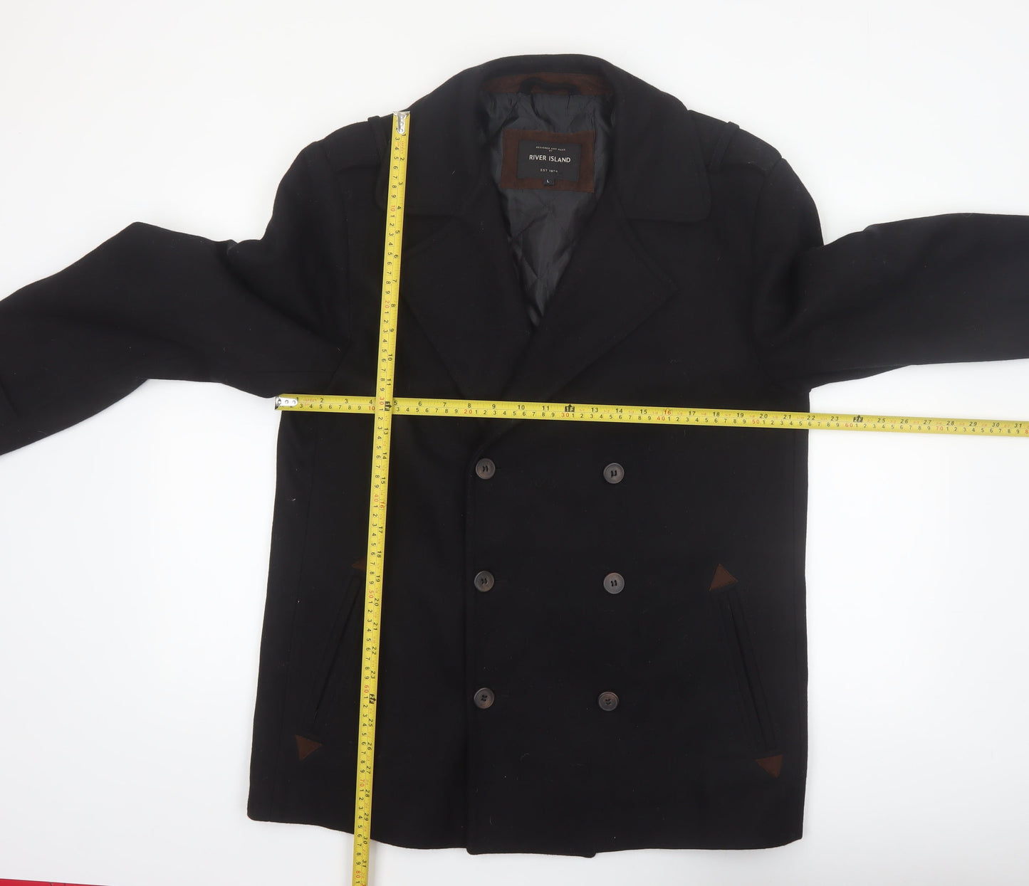 River Island Men's Black Wool Pea Coat L Classic Winter Jacket
