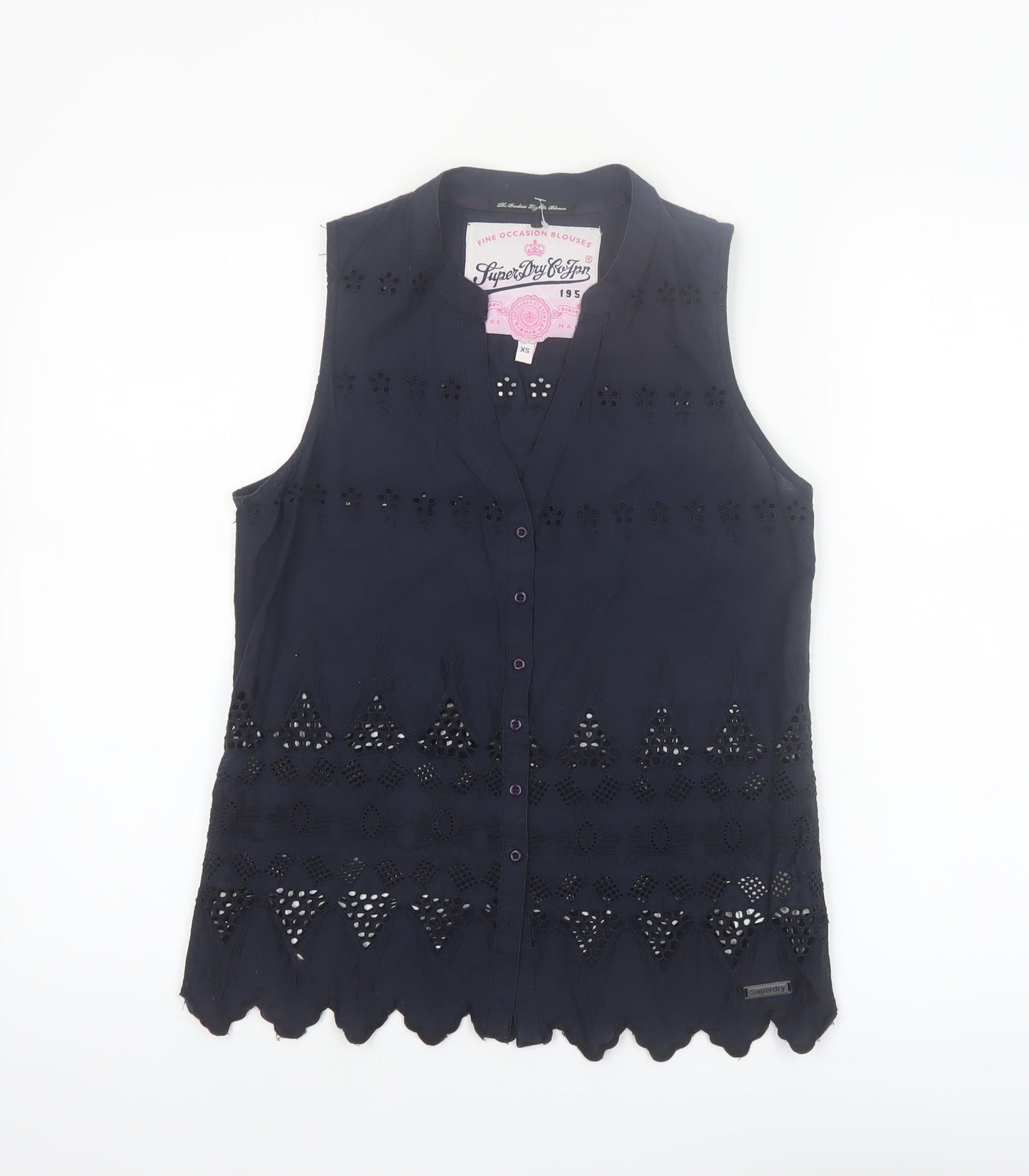 Superdry Women Blue Sleeveless Cotton Broderie Blouse XS