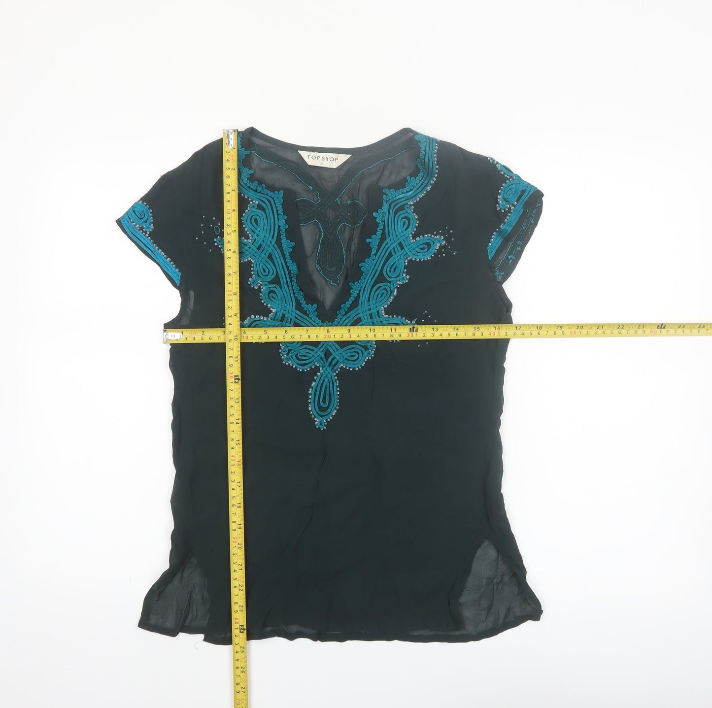 Topshop Women’s Black Embroidered Chiffon Blouse Size 8 Bohemian Style