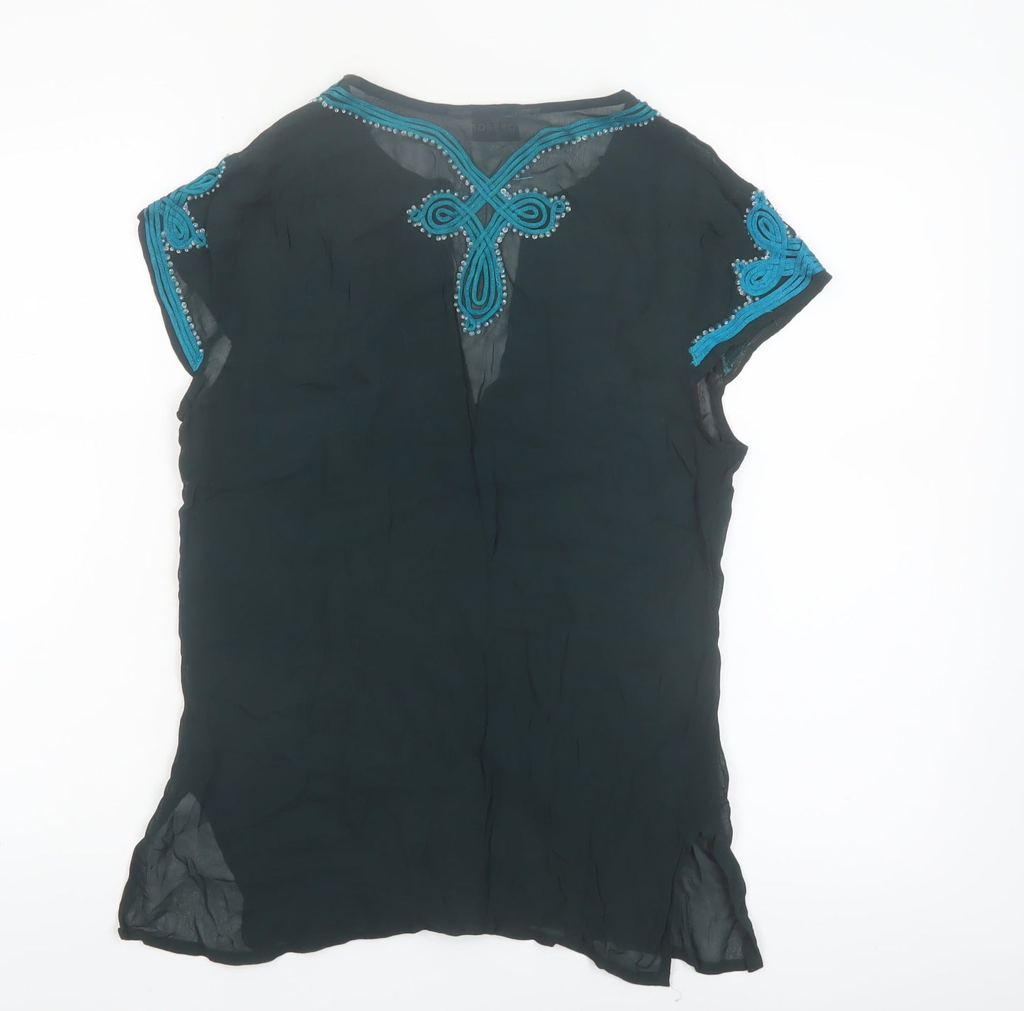 Topshop Women’s Black Embroidered Chiffon Blouse Size 8 Bohemian Style