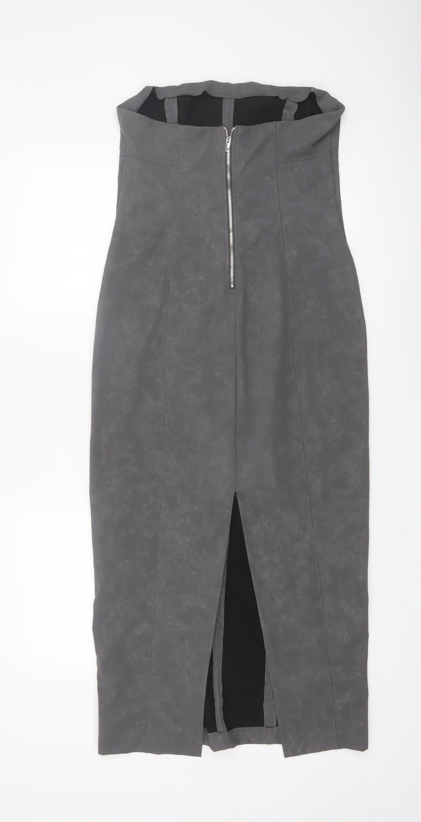 Bershka Women's Grey Faux Leather Strapless Bodycon Midi Dress Size 12