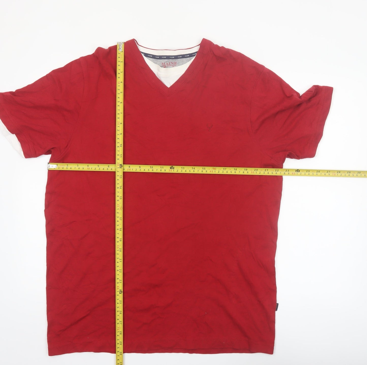 Maine New England Men's Red V-Neck Cotton T-Shirt Size L