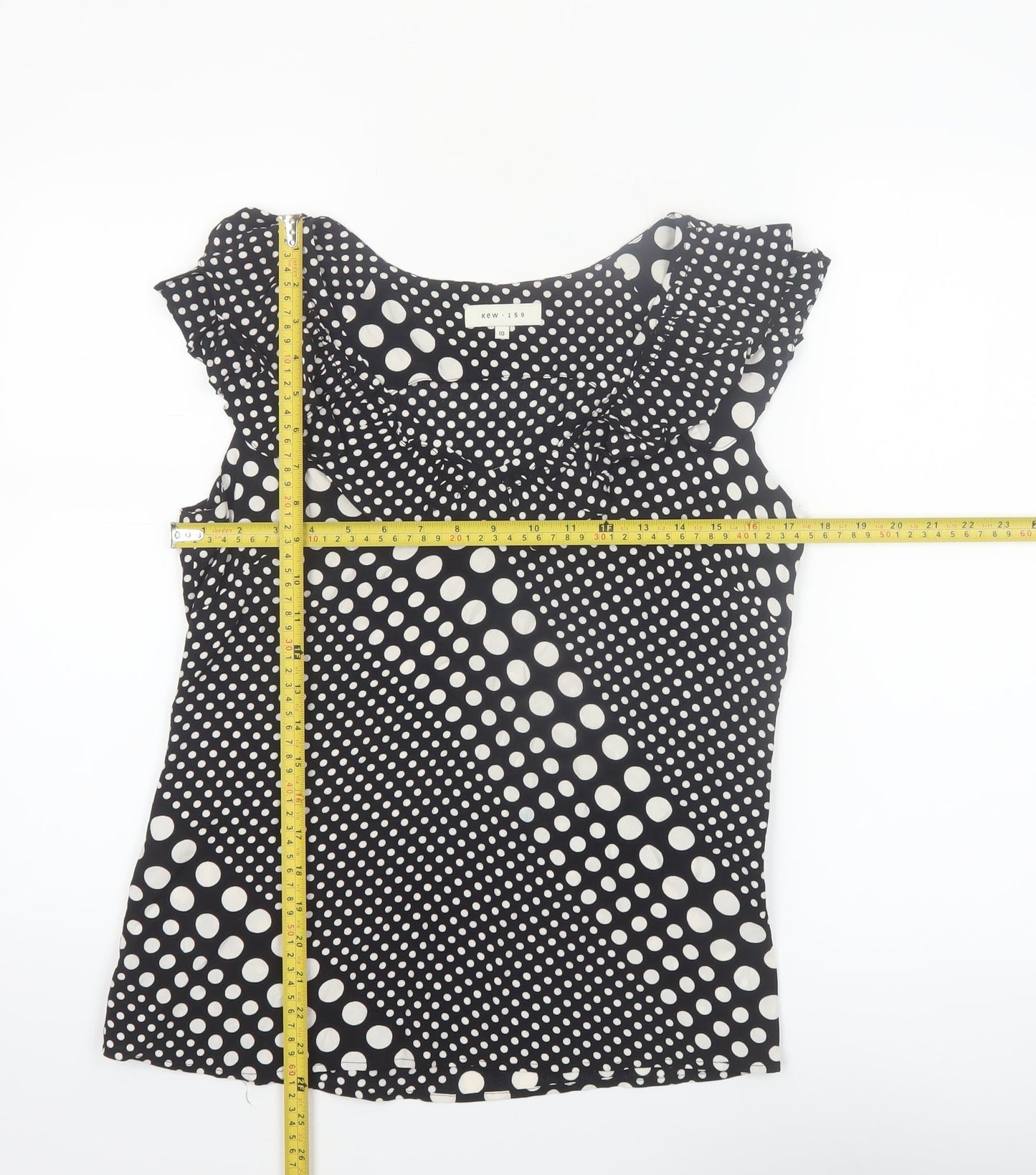 Kew 159 Women Black Polka Dot Sleeveless Ruffle Tunic Blouse Size 10