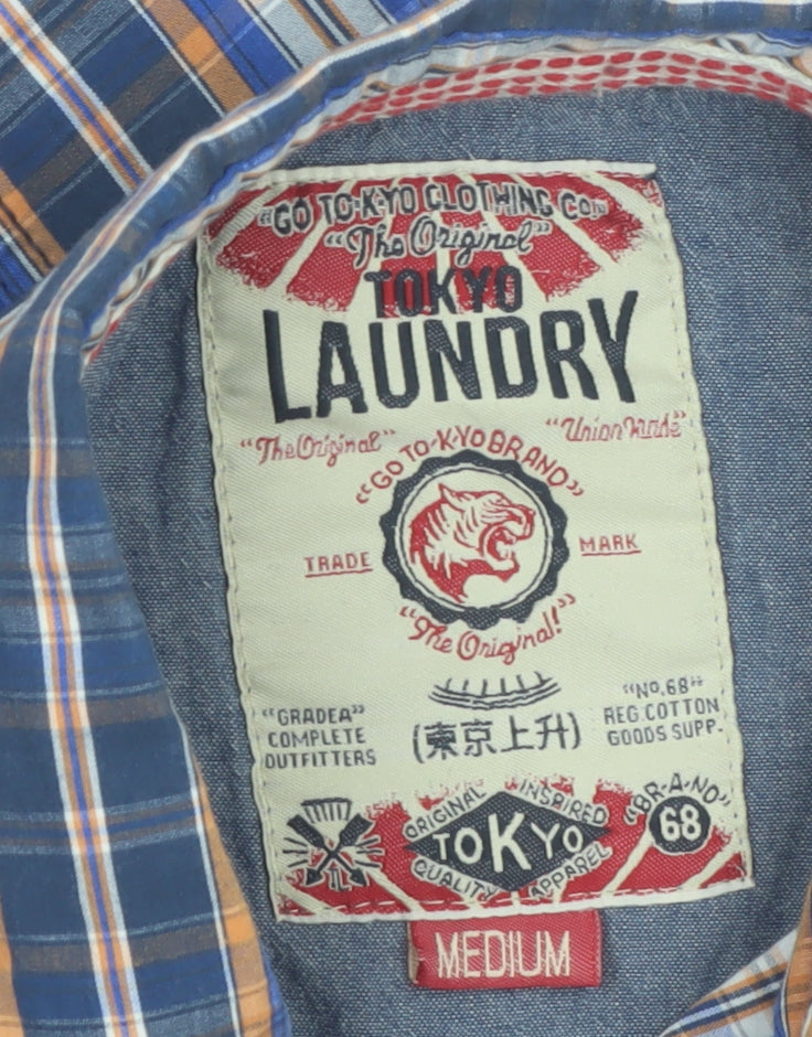 Tokyo Laundry Men's Blue Check Short Sleeve Cotton Button-Up Shirt Medium