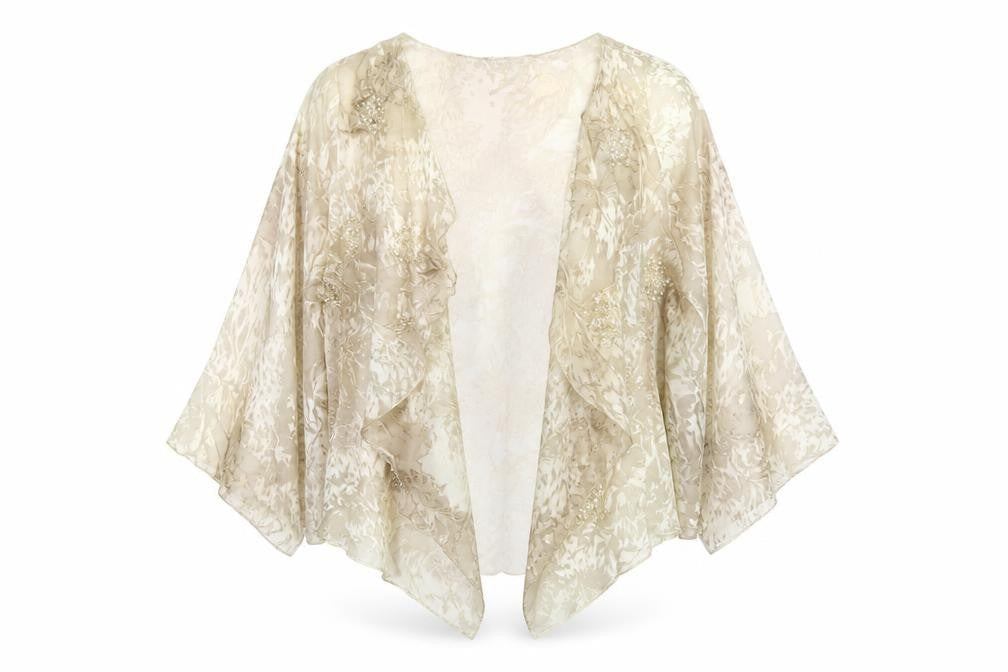 Adini Women’s Beige Silk Kimono Style 3/4 Sleeve Sheer Blouse M