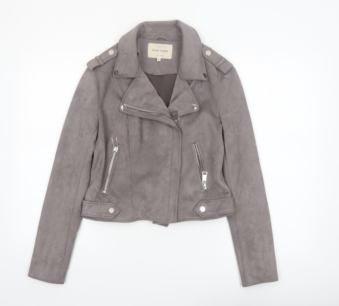 River Island Women's Grey Suede Biker Jacket Size 10 Slim Fit
