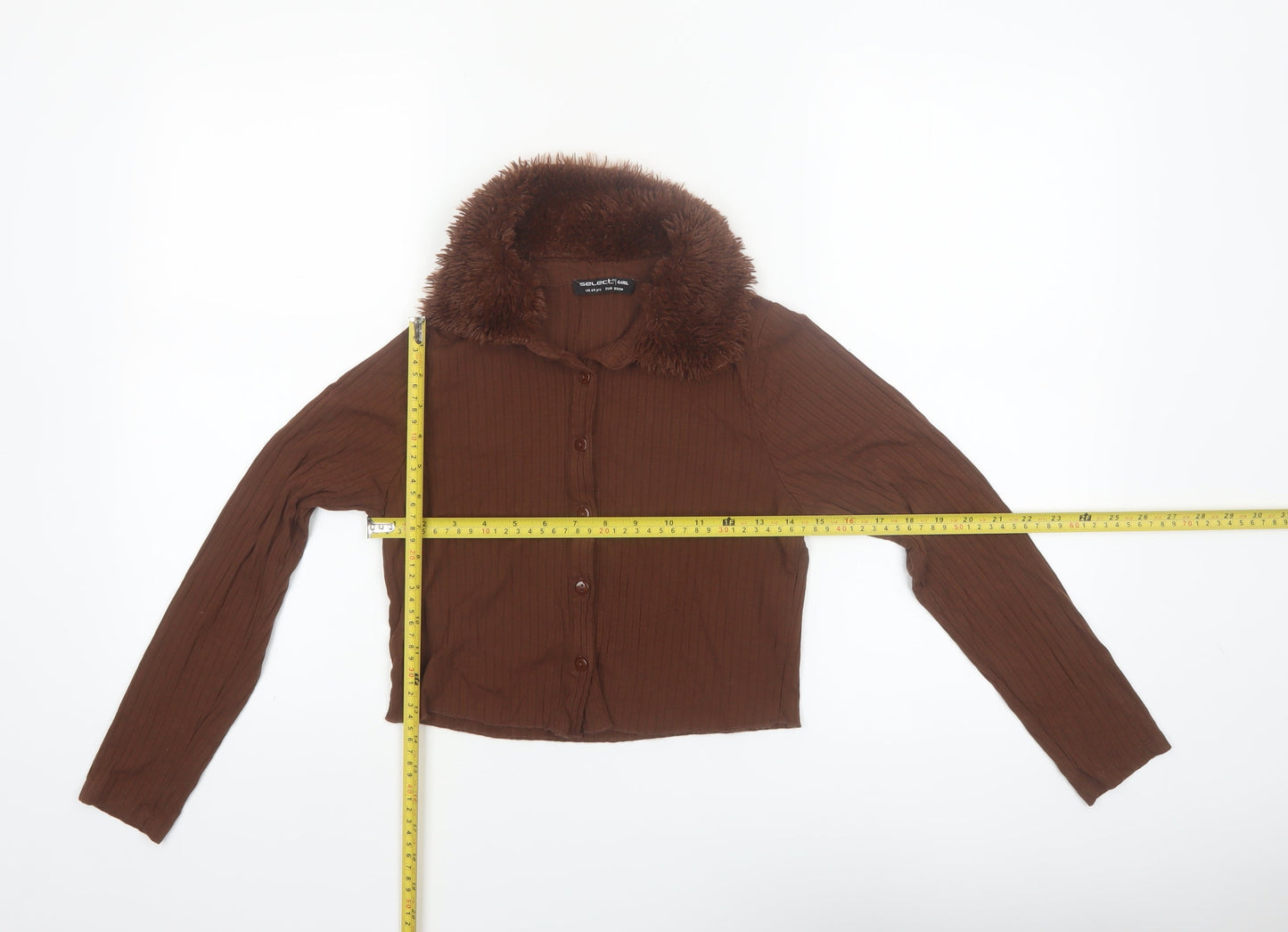 Select Girl Brown Faux Fur Collar Button-Up Long Sleeve Blouse 14 Years