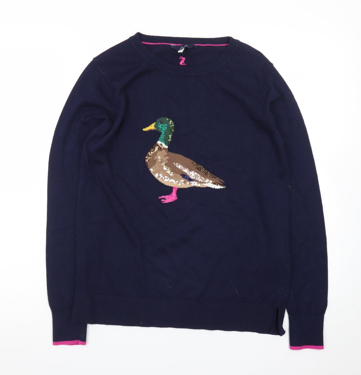 Joules Women's Blue Sequin Duck Jumper UK 10 Cotton Knit Crew Neck