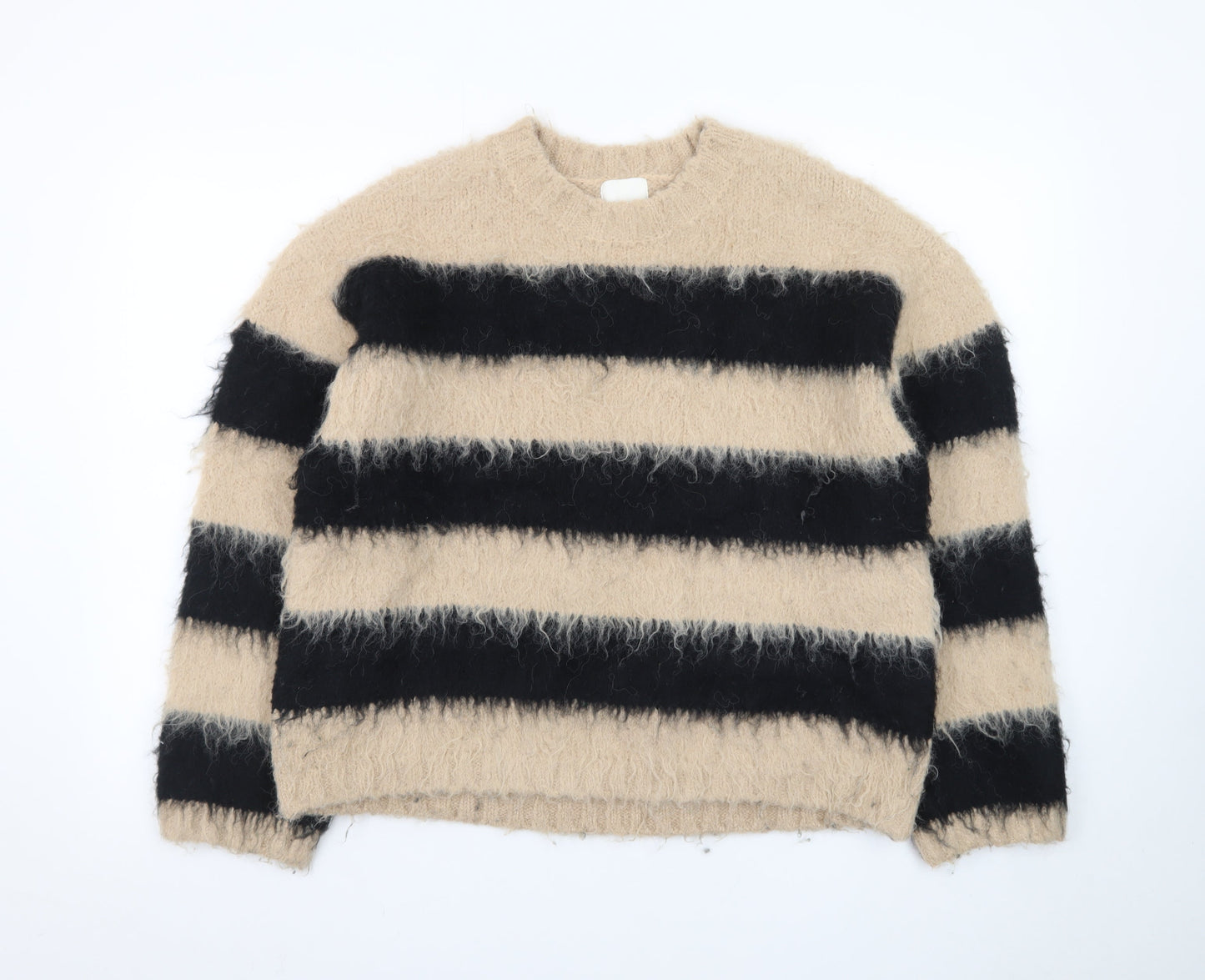 H&M Women Beige Black Striped Chunky-Knit Jumper Size S