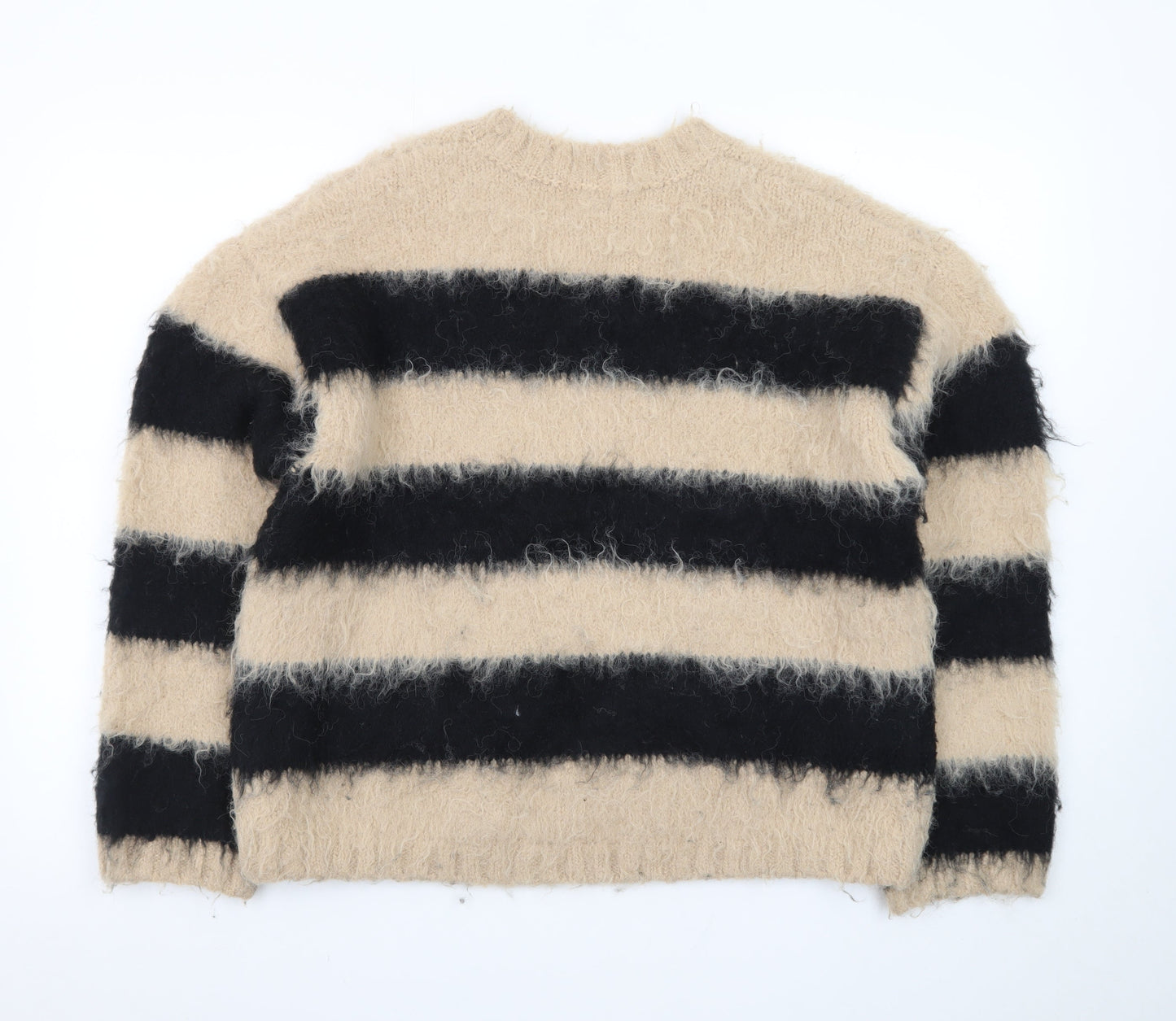 H&M Women Beige Black Striped Chunky-Knit Jumper Size S