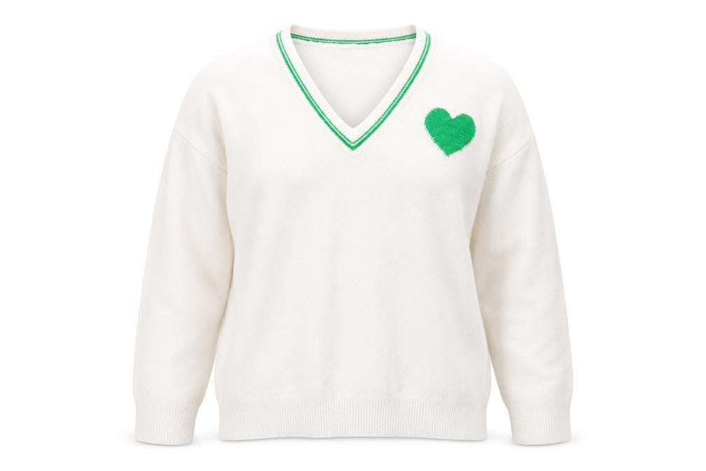 QED London Women's White V-Neck Heart Pullover Jumper Size S