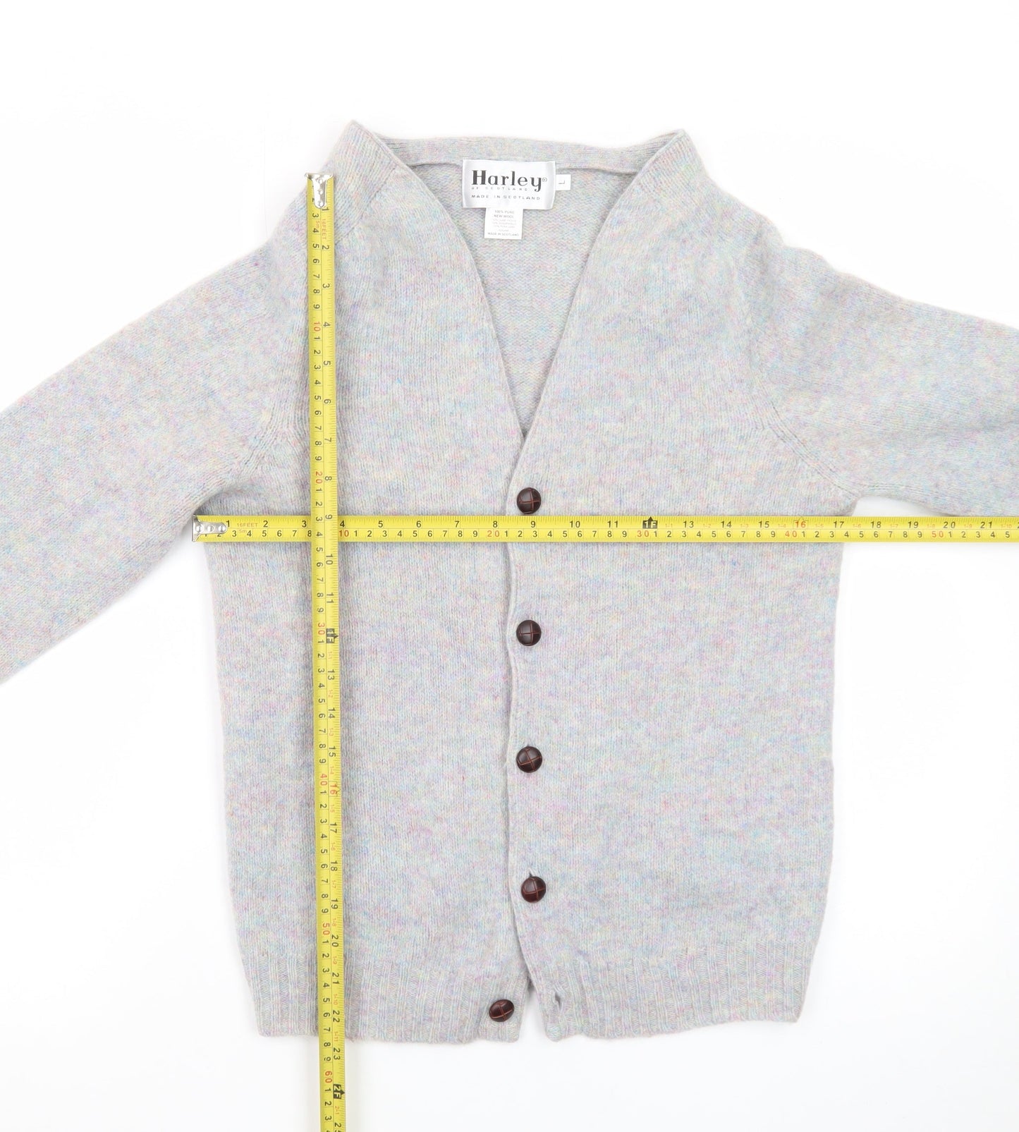 Harley of Scotland Women Grey Wool Cardigan L V-Neck Knit