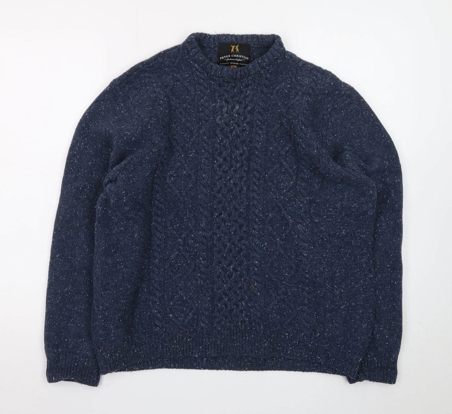 Peter Christian Men's Blue 2XL Cable Knit Wool Crew Neck Jumper