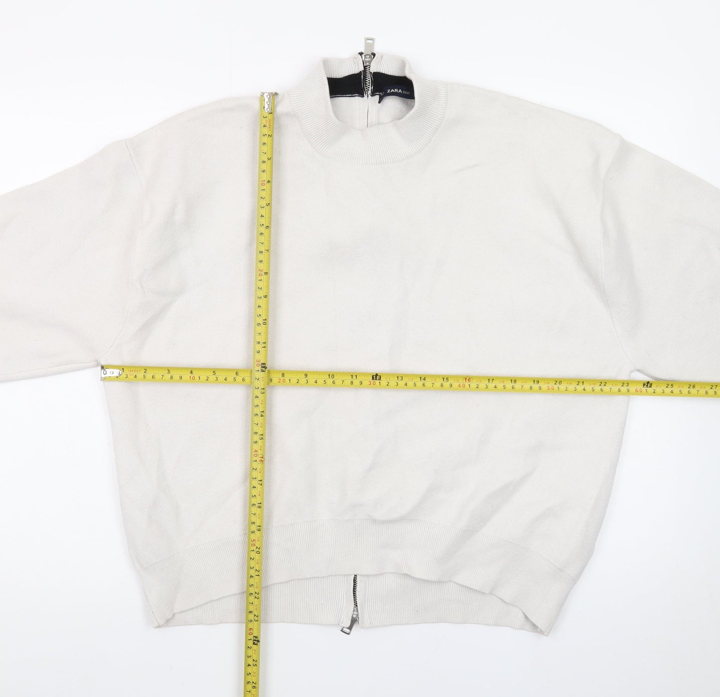 Zara Women's Ivory Mock Neck Full Zip Knit Jumper Size 14