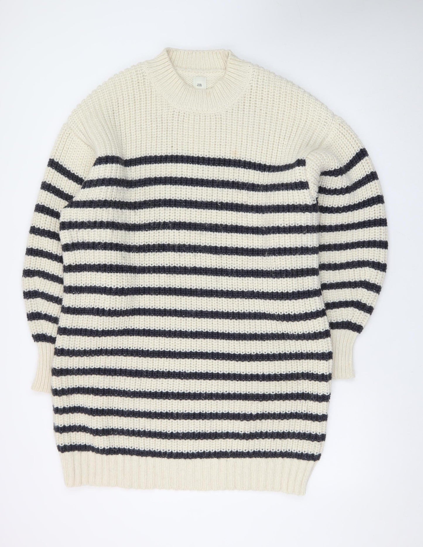 River Island Women Ivory Navy Striped Long Sleeve Jumper Dress L