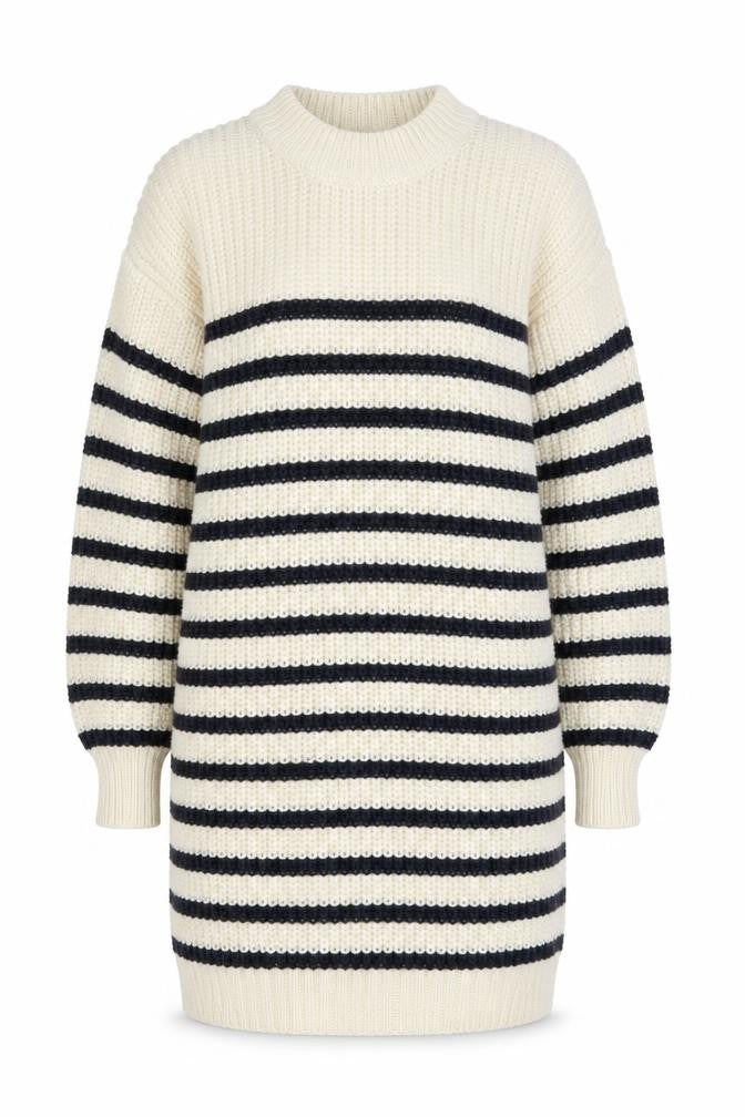 River Island Women Ivory Navy Striped Long Sleeve Jumper Dress L