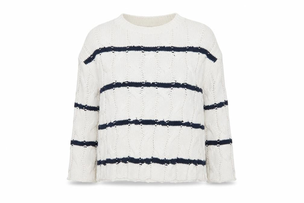 Zara Women Ivory Navy Striped Cable-Knit Cotton Jumper Size S
