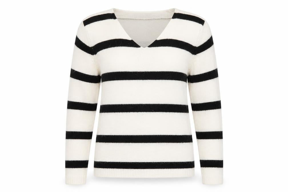 ICHI Women’s Black & White Striped V-Neck Knit Jumper Size S