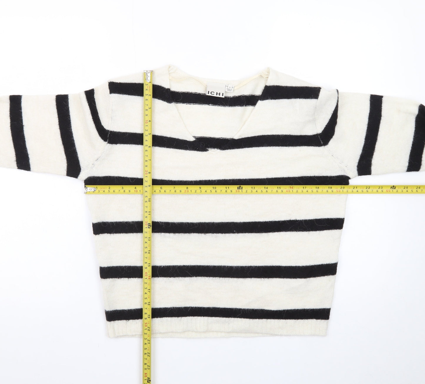 ICHI Women’s Black & White Striped V-Neck Knit Jumper Size S
