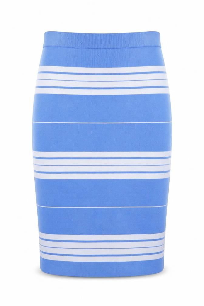 WoolOvers Women Blue Striped Knit Pencil Skirt M Stretch Cotton