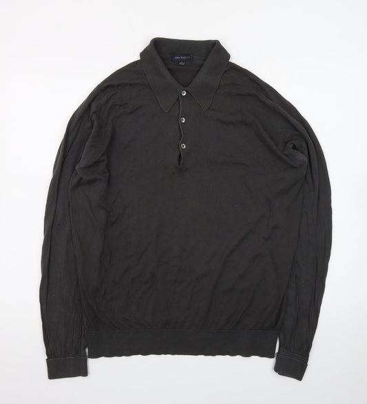 John Smedley Men’s Black Merino Wool Long Sleeve Polo L