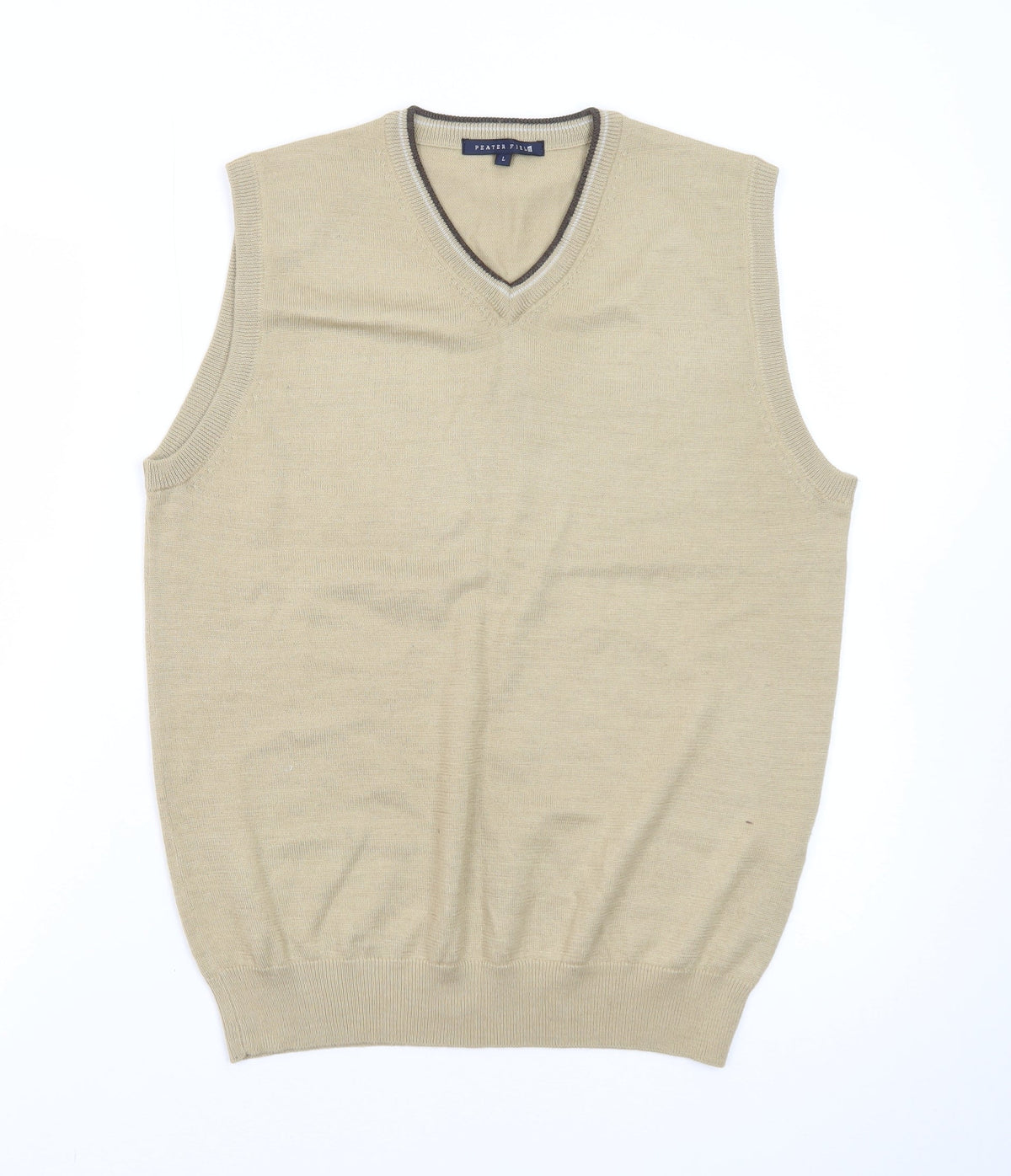 Back view of Peater Field Men's Beige V-Neck Sleeveless Knit Vest, size L