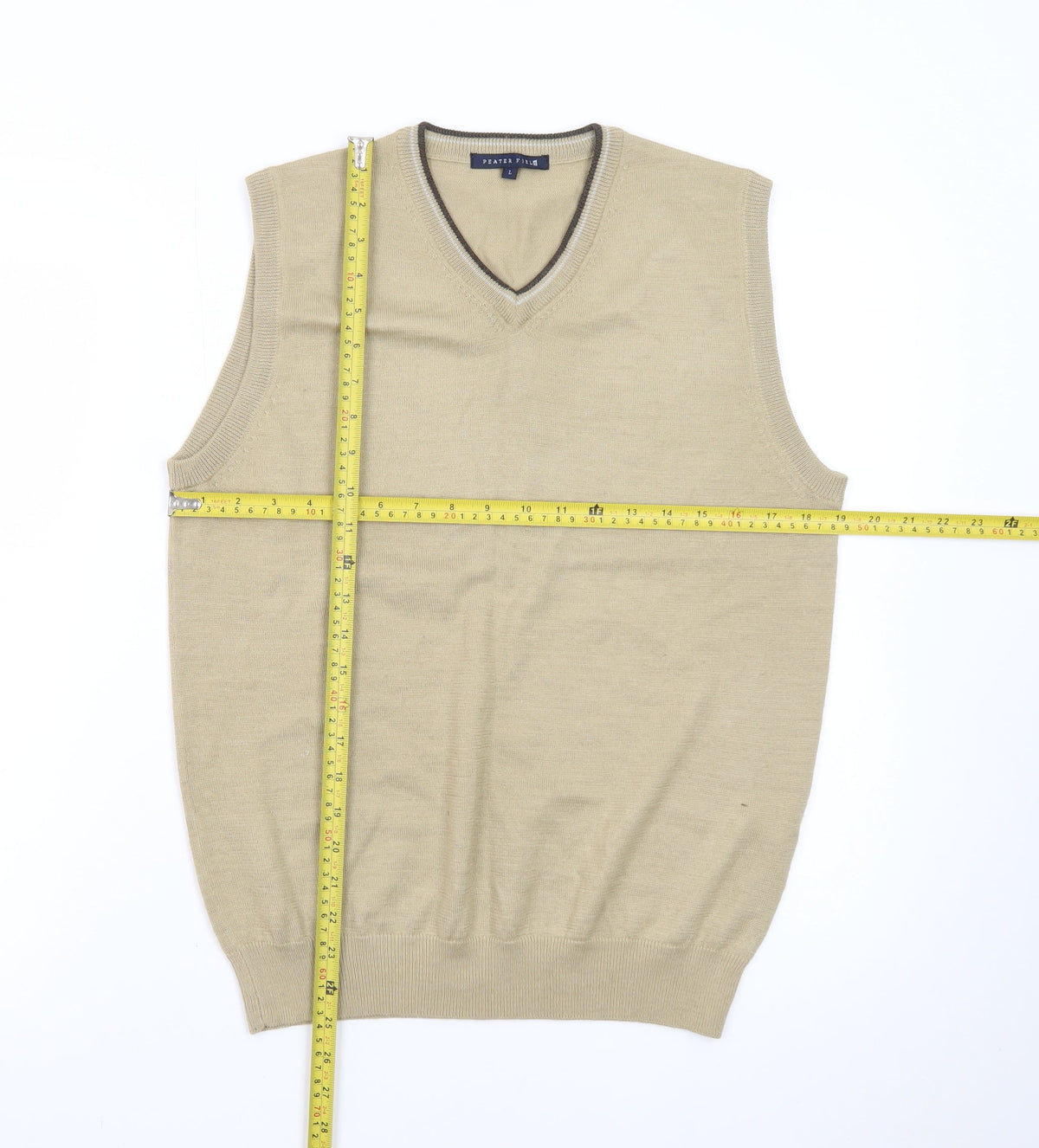 Close-up detail of Peater Field Men's Beige V-Neck Sleeveless Knit Vest, size L