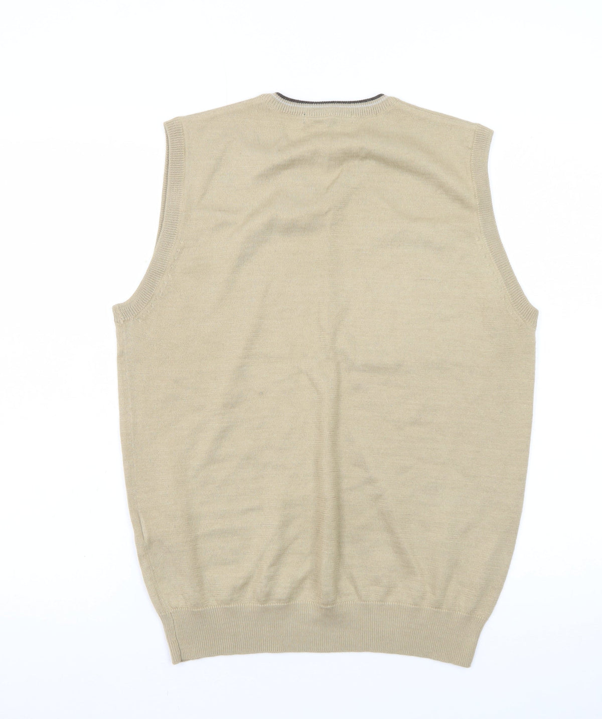 Brand and care label for Peater Field Men's Beige V-Neck Sleeveless Knit Vest, size L