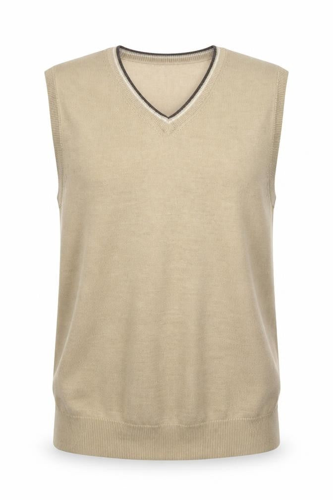Front view of Peater Field Men's Beige V-Neck Sleeveless Knit Vest, size L