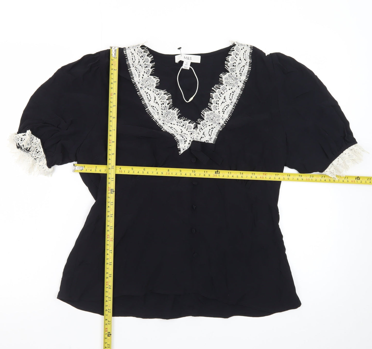 Marks and Spencer Women’s Black Lace Trim Puff Sleeve Blouse Size 12