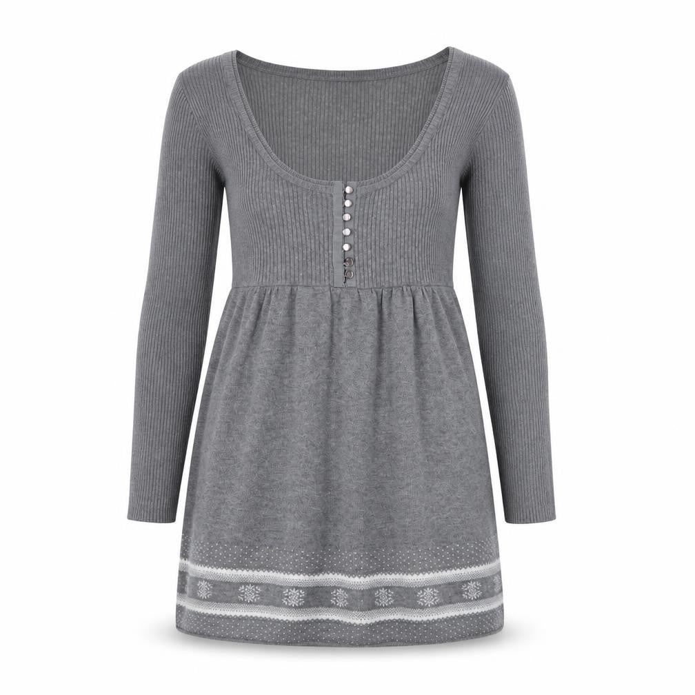 Front view of Crew Clothing Women’s Grey Fair Isle Jumper Dress, size UK 10, Knit Long Sleeve