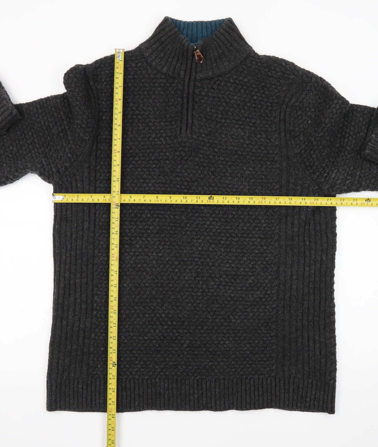 White Stuff Men's Grey XL Chunky Knit 1/2 Zip Wool Jumper