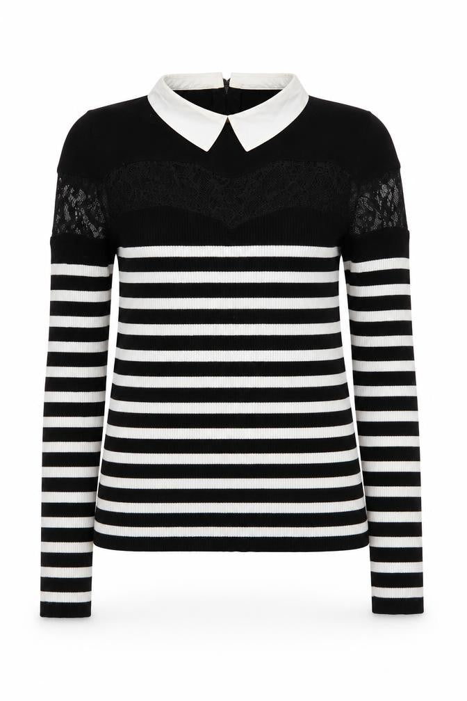 Morgan Women’s Black Striped Collared Lace Trim Long Sleeve Pullover Jumper M