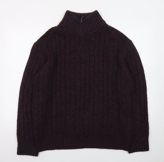 North Coast Men's Brown Wool Ribbed 1/4 Zip High Neck Jumper XL