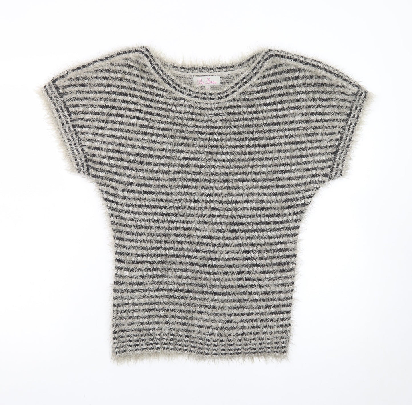 Be Beau Women Grey Striped Short Sleeve Chunky Knit Pullover Jumper Size 10