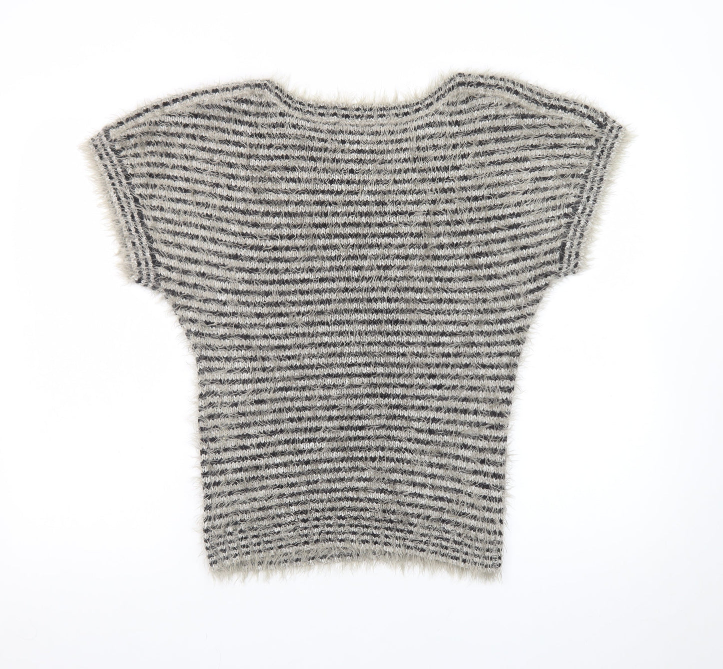 Be Beau Women Grey Striped Short Sleeve Chunky Knit Pullover Jumper Size 10