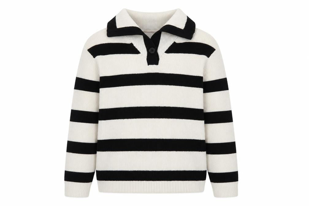Zara Teens Black White Striped Collared Henley Knit Jumper XS