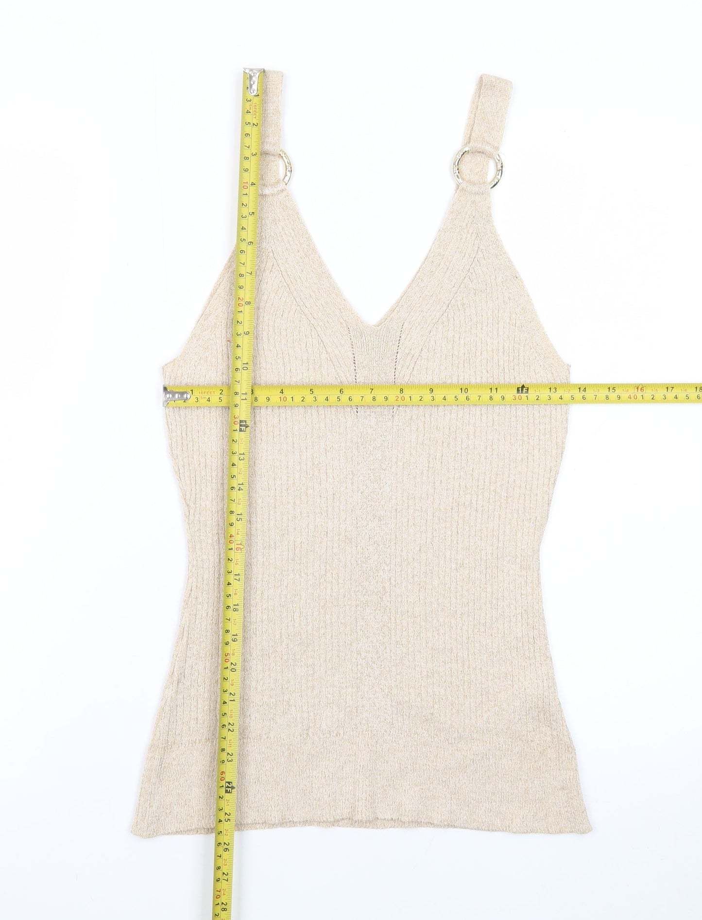 River Island Women’s Beige Knit Metallic V-Neck Camisole Tank Top Size 16