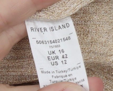 River Island Women’s Beige Knit Metallic V-Neck Camisole Tank Top Size 16