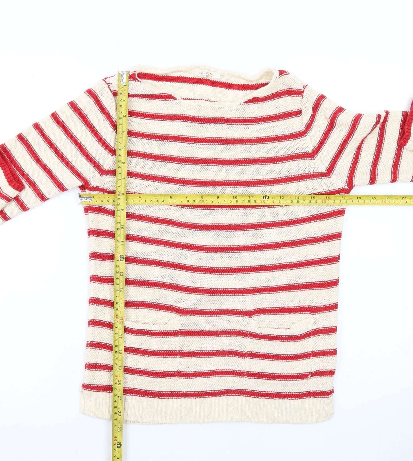 White Stuff Women's Beige Red Striped Linen Blend Jumper UK 10