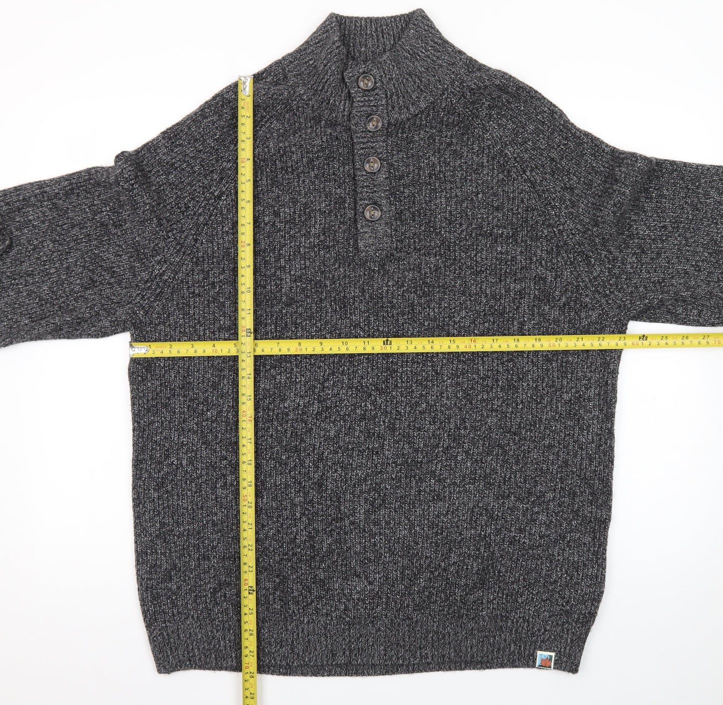 The Blue Sky Men's Grey XL Henley Mock Neck Chunky Knit Jumper
