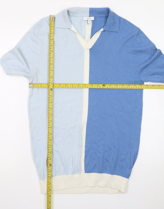 Reiss Men's Blue Colourblock Short Sleeve Knit Polo M