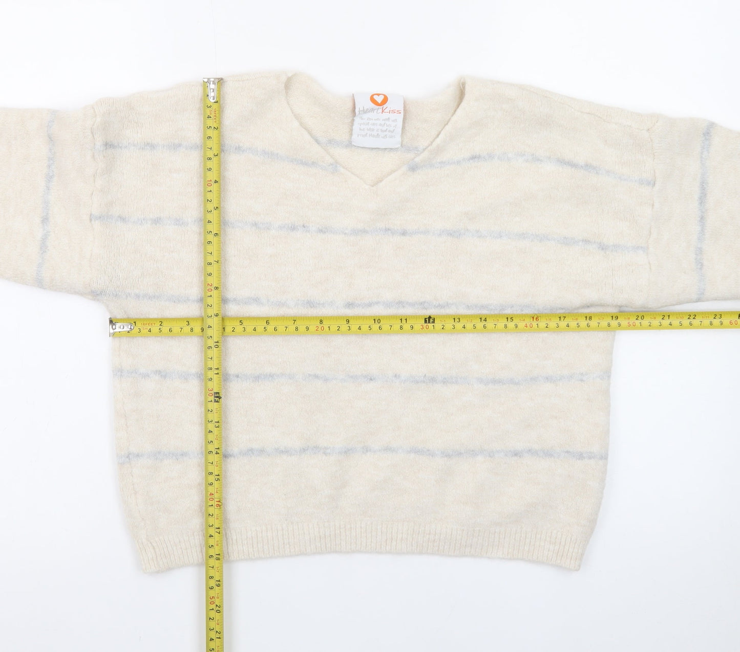 HeartKiss Women Beige Striped V-Neck Jumper L Acrylic Blend