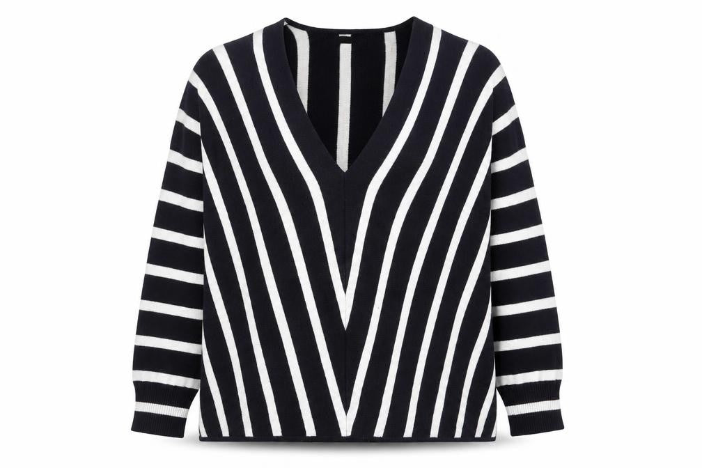 Only Women's Navy Blue Striped V-Neck Knit Jumper Size M
