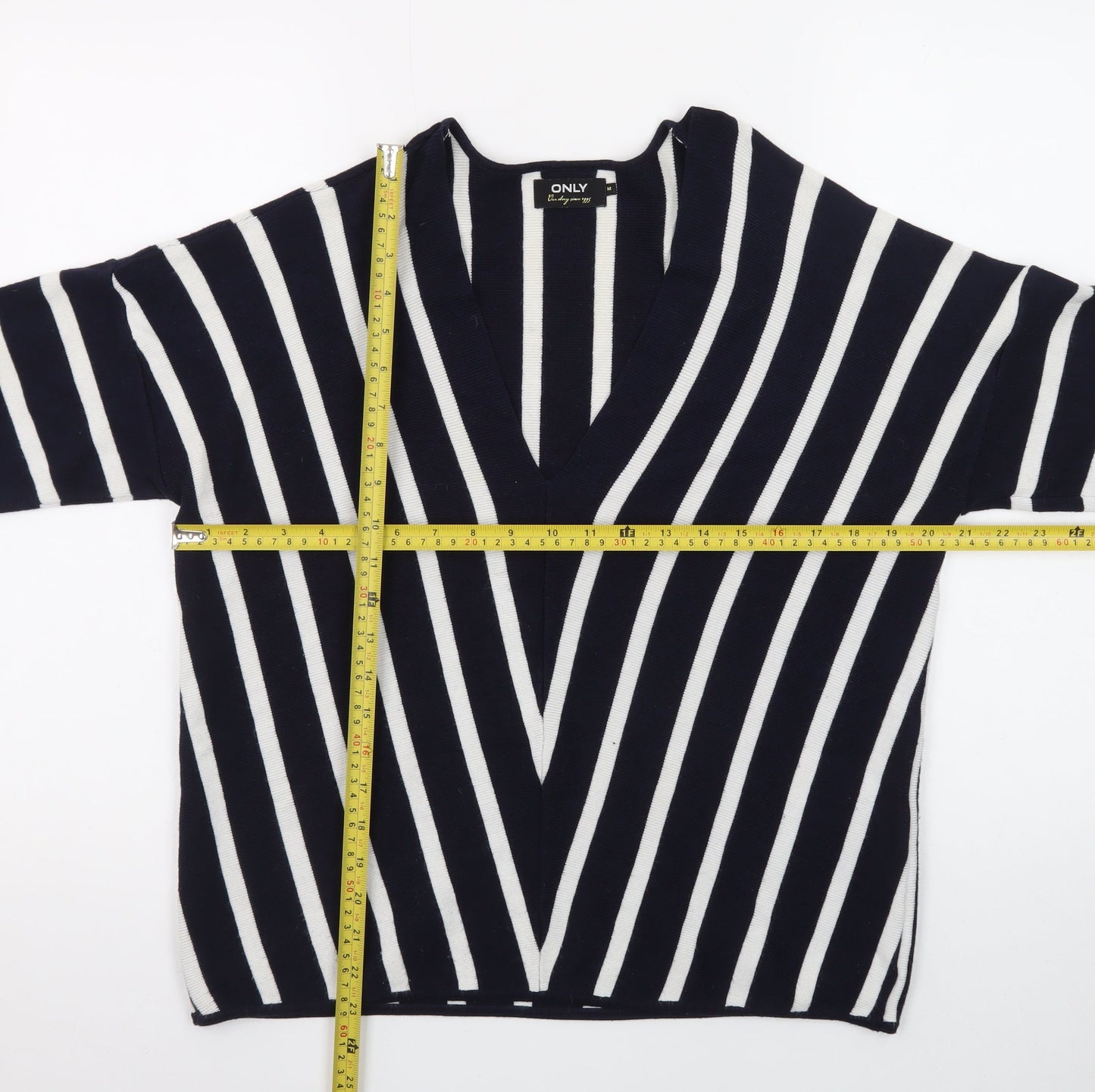 ONLY Women's Navy Blue Striped V-Neck Knit Jumper Size M