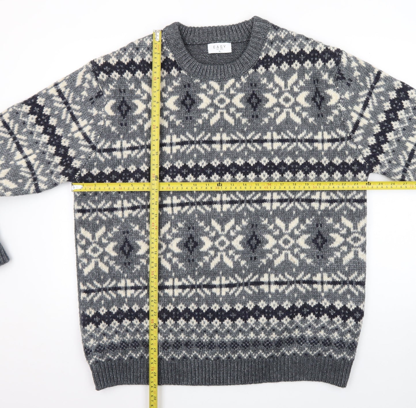EASY Men's Grey Fair Isle Wool Blend Crew Neck Jumper XL