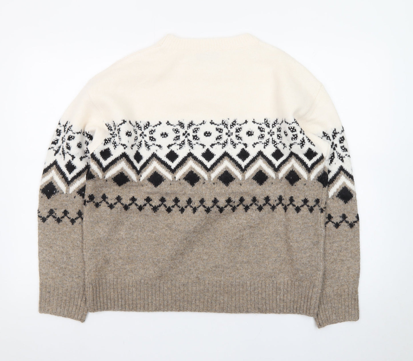 Finery Women Beige Fair Isle Knit Jumper Size S/M Crew Neck Winter