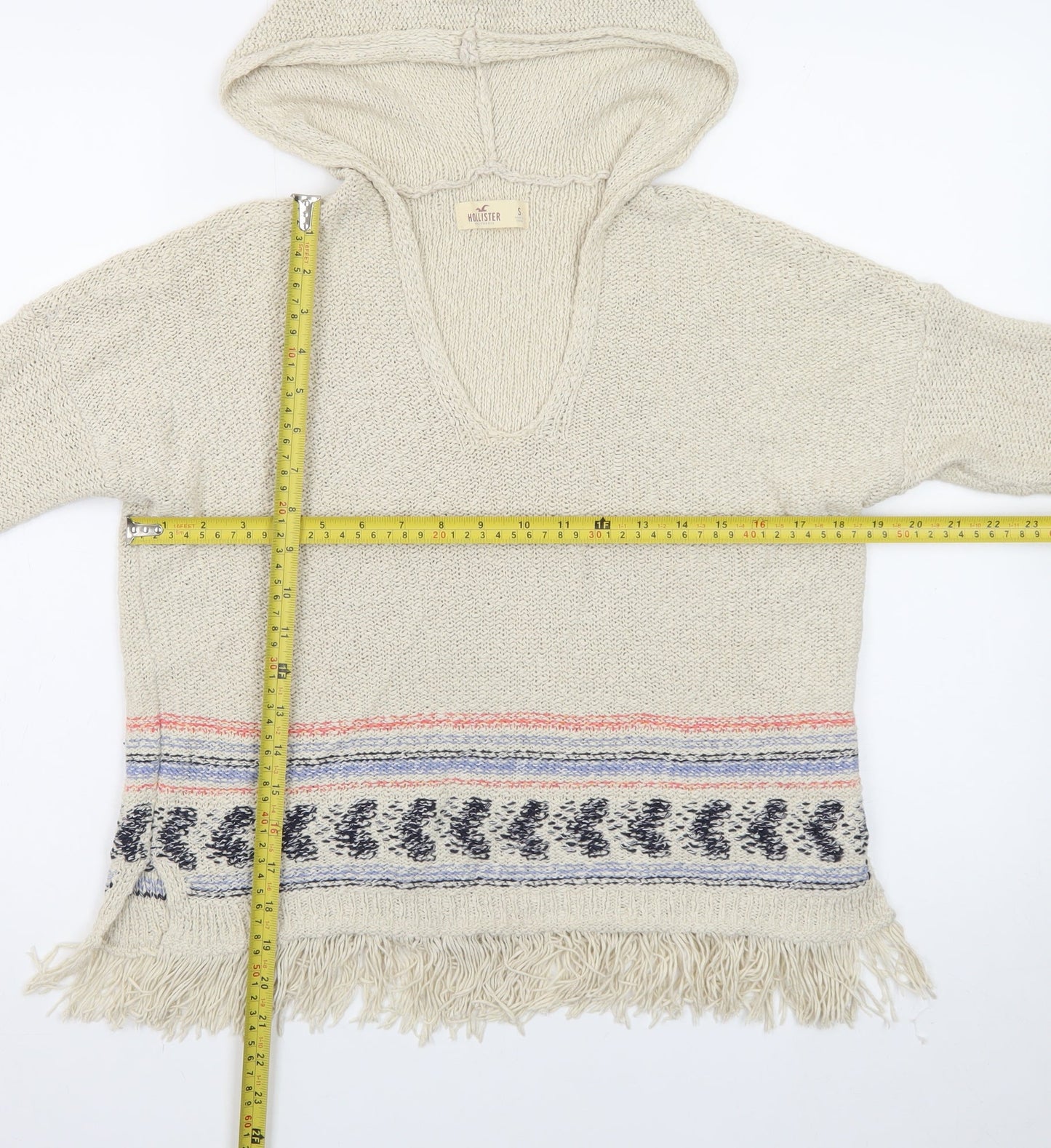 Hollister Women Beige Hooded Pullover Jumper S Cotton Fringe Knit