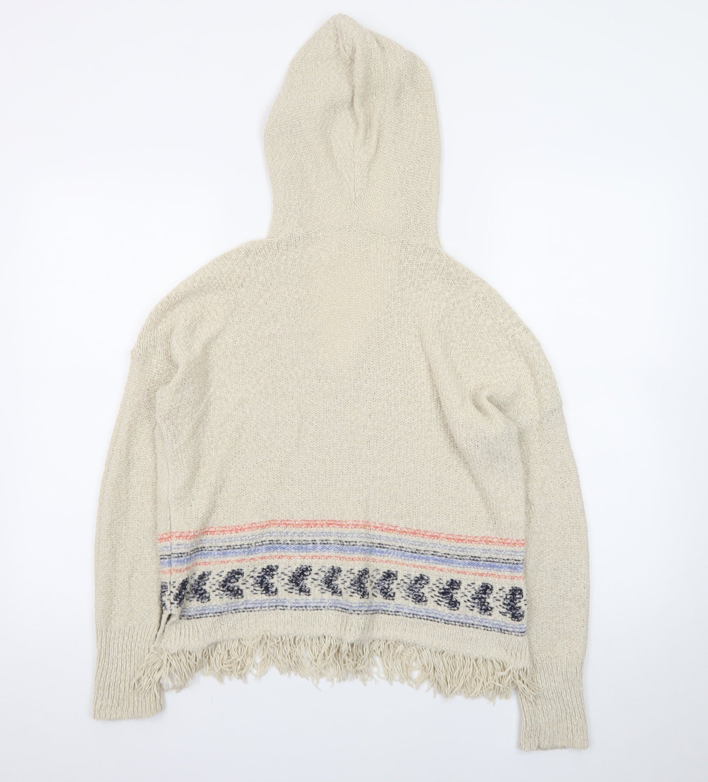 Hollister Women Beige Hooded Pullover Jumper S Cotton Fringe Knit